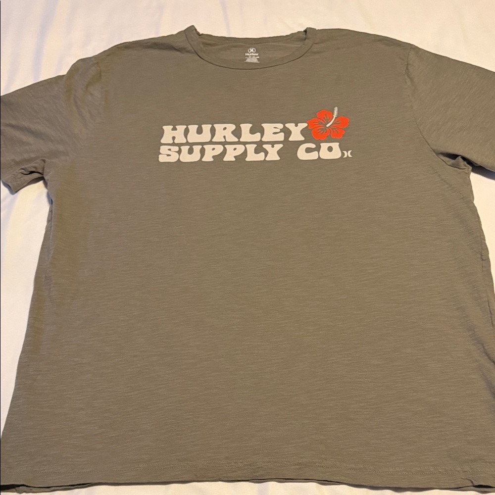 Hurley Olive Short Sleeve Tee with White Logo and Orange Hibiscus